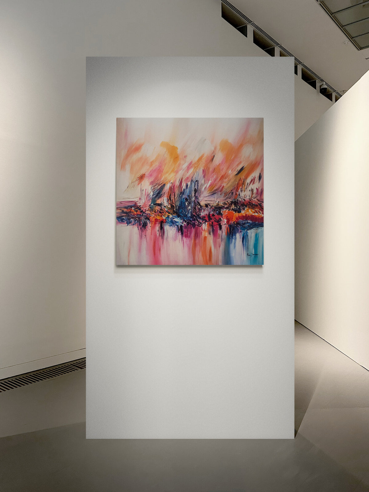 Feu sur la glace warm red orange and blue abstract painting by French artist Âme Sauvage