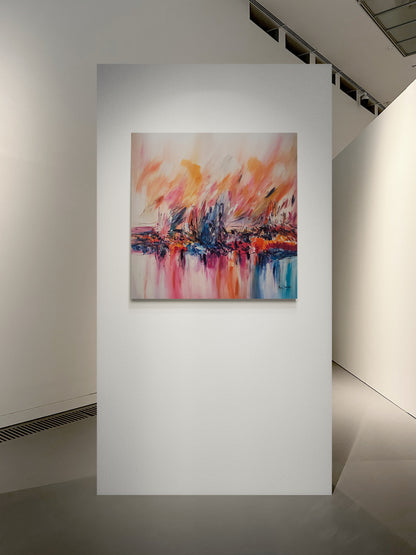 Feu sur la glace warm red orange and blue abstract painting by French artist Âme Sauvage