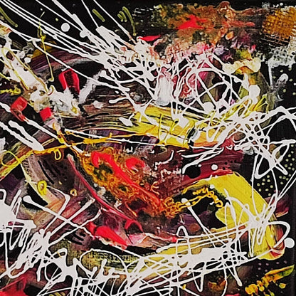 Detail of a colourful abstract painting with expressive colours on a black background