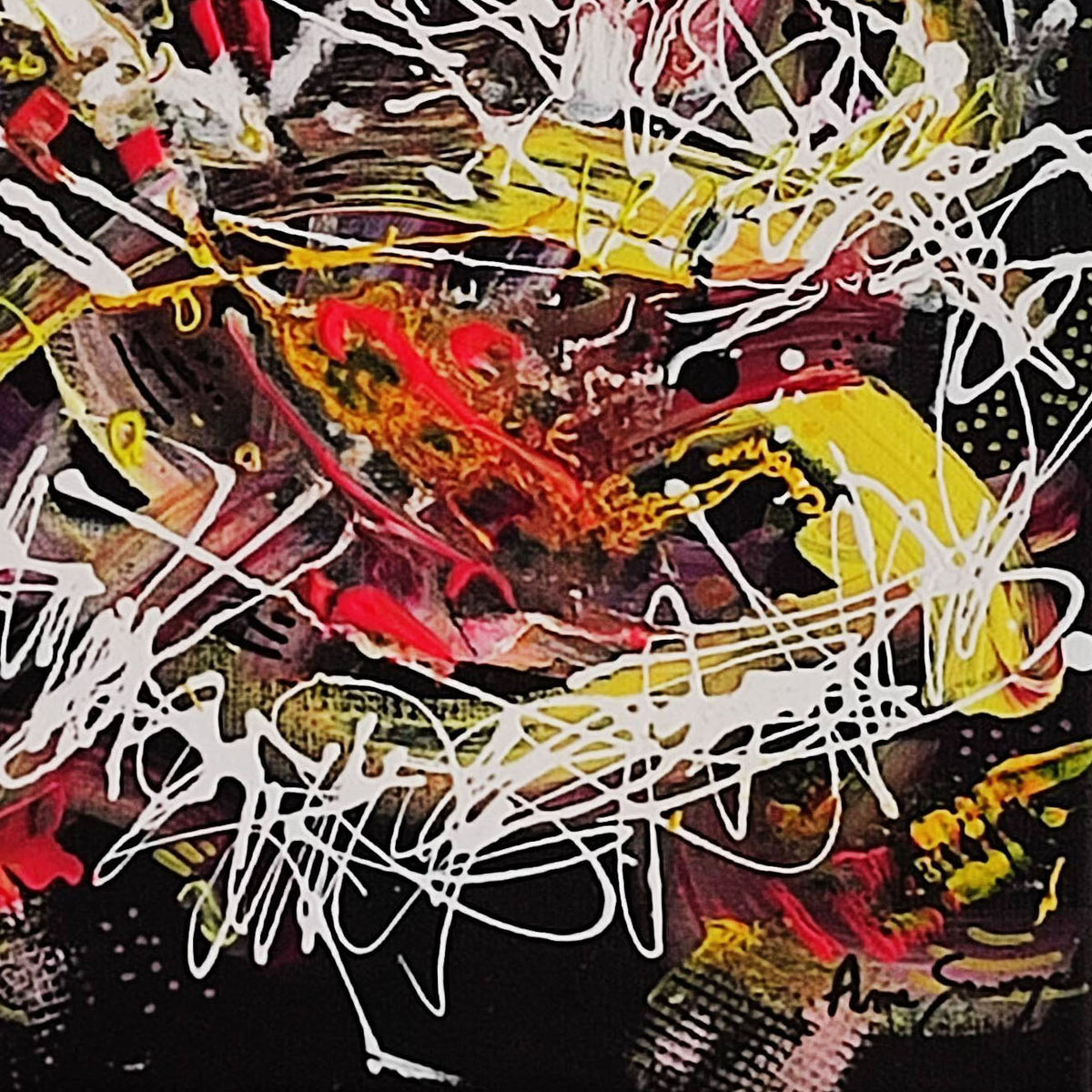 Detail of a colourful abstract painting with expressive colours on a black background