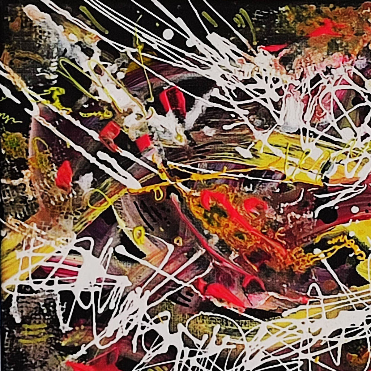 Detail of a colourful abstract painting with expressive colours on a black background