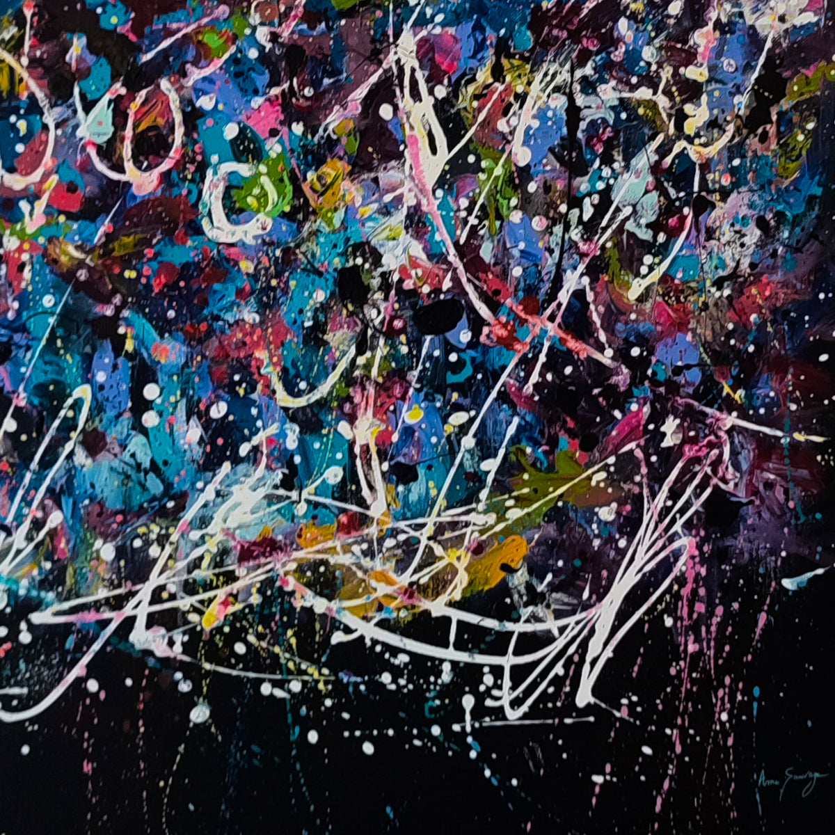 Contemporary colourful abstract artwork on a black background 