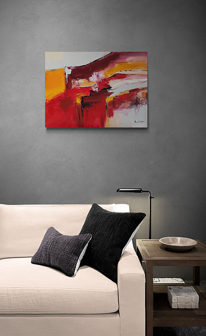 Contemporary red and orange abstract artwork with rich texture 