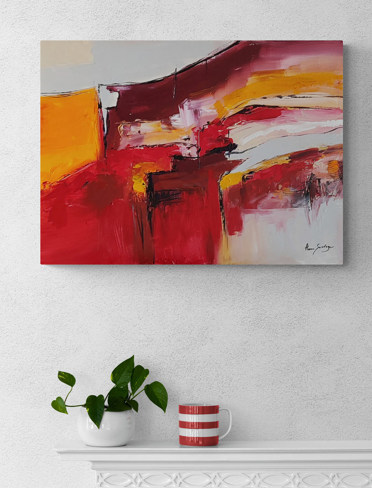 Contemporary red and orange abstract artwork with rich texture 
