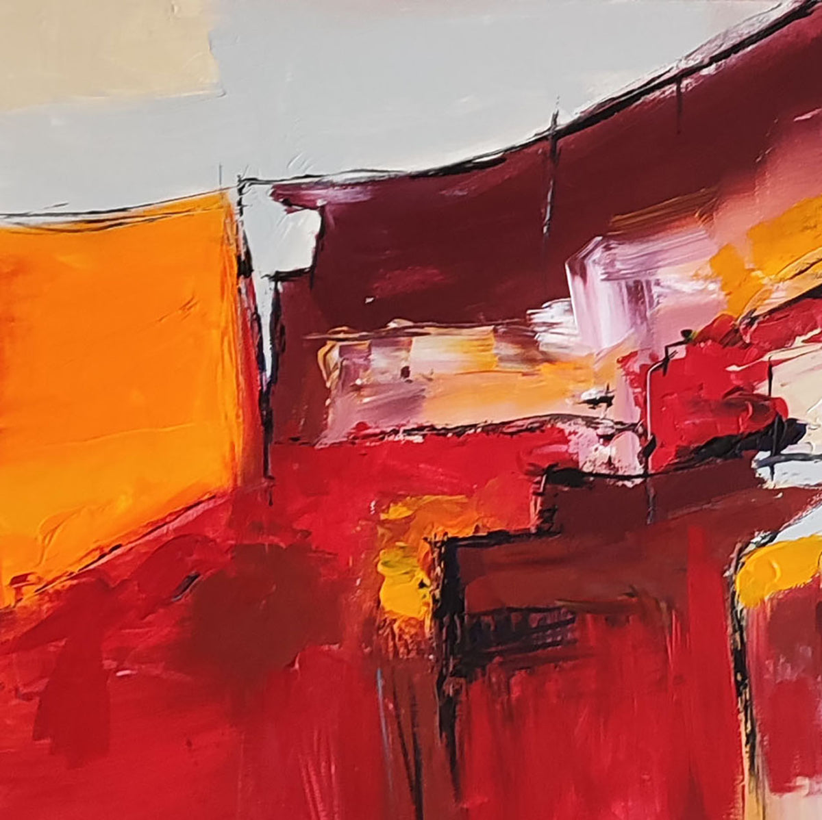 Contemporary red and orange abstract artwork with rich texture 