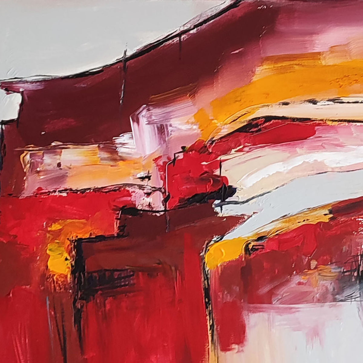 Contemporary red and orange abstract artwork with rich texture 