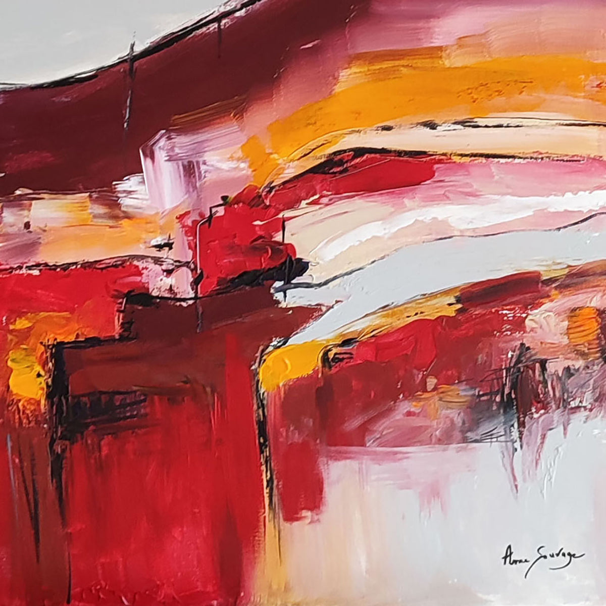 Contemporary red and orange abstract artwork with rich texture 