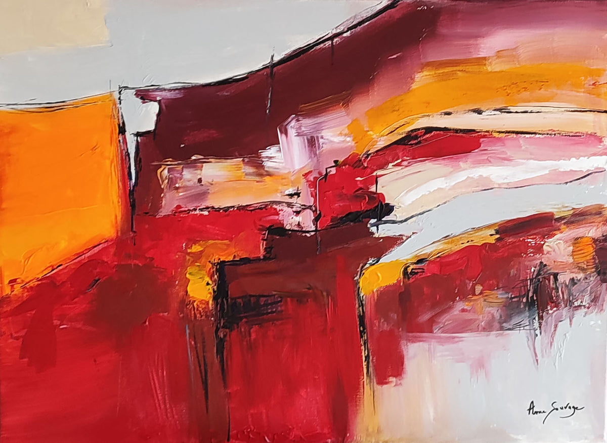 Contemporary red and orange abstract artwork with rich texture 