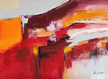 Contemporary red and orange abstract artwork with rich texture 
