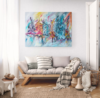 De feu et de glace large multicoloured abstract painting displayed in a contemporary living