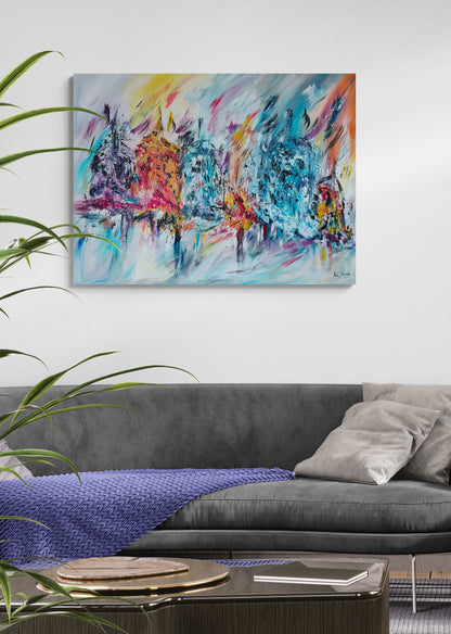 De feu et de glace large colourful abstract painting displayed in a contemporary interior