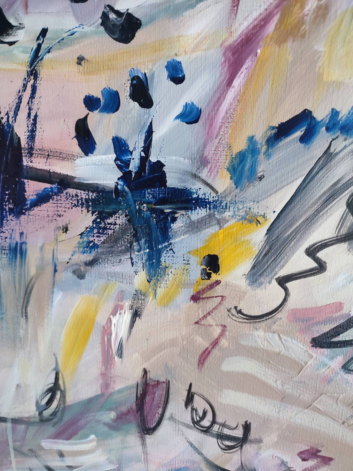 Detail of Un vent fort – grey and pink abstract painting by Âme Sauvage