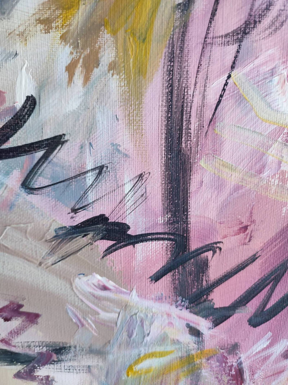 Detail of Un vent fort – grey and pink abstract painting by Âme Sauvage