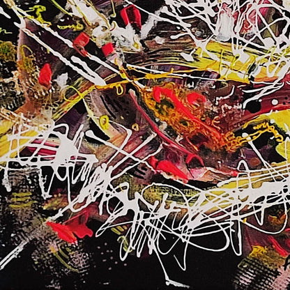 Detail of a colourful abstract painting with expressive colours on a black background