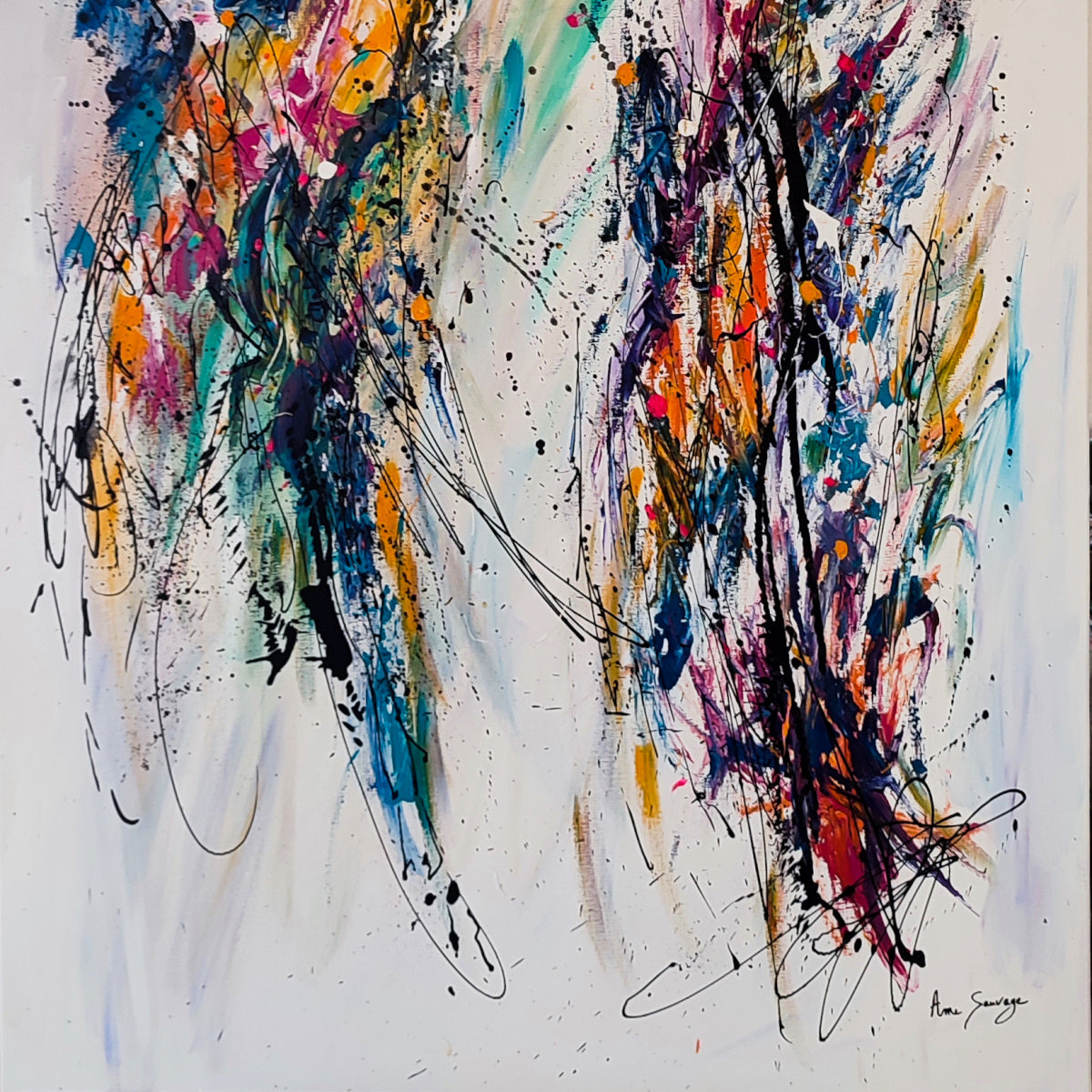 Detail of Double regard showing vibrant colours and expressive abstract texture