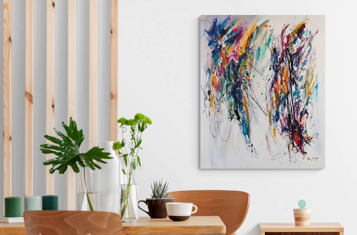 Double regard colourful abstract painting displayed in a contemporary interior