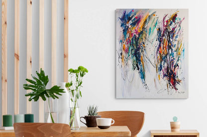 Double regard colourful abstract painting displayed in a contemporary interior