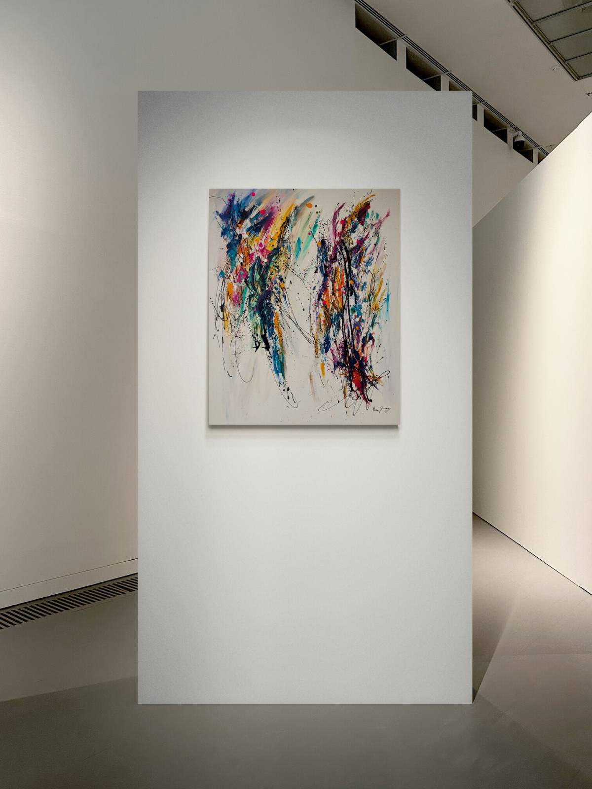Double regard colourful abstract painting displayed in a contemporary interior
