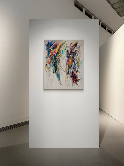 Double regard colourful abstract painting displayed in a contemporary interior