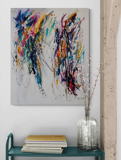 Double regard colourful abstract painting displayed in a contemporary interior