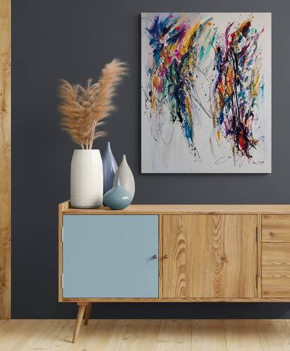 Double regard colourful abstract painting displayed in a contemporary interior