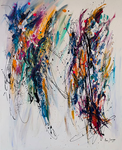 Double regard colourful abstract painting displayed in a contemporary interior