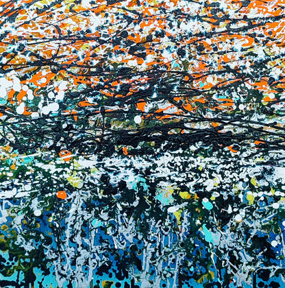 Close-up of the colourful dripping paintwork in this abstract artwork