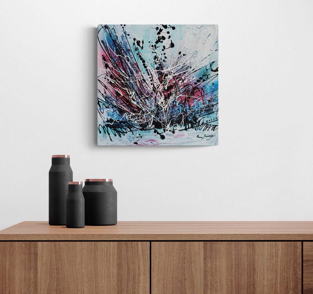 Expressionist abstract artwork displayed in a sophisticated contemporary interior