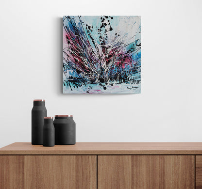 Expressionist abstract artwork displayed in a sophisticated contemporary interior