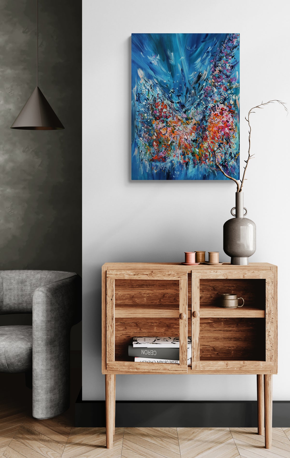 Blue abstract painting displayed in a modern interior