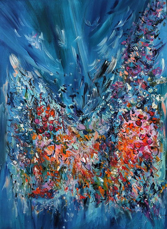 Fleurs d'un jour blue abstract floral painting by French artist Âme Sauvage