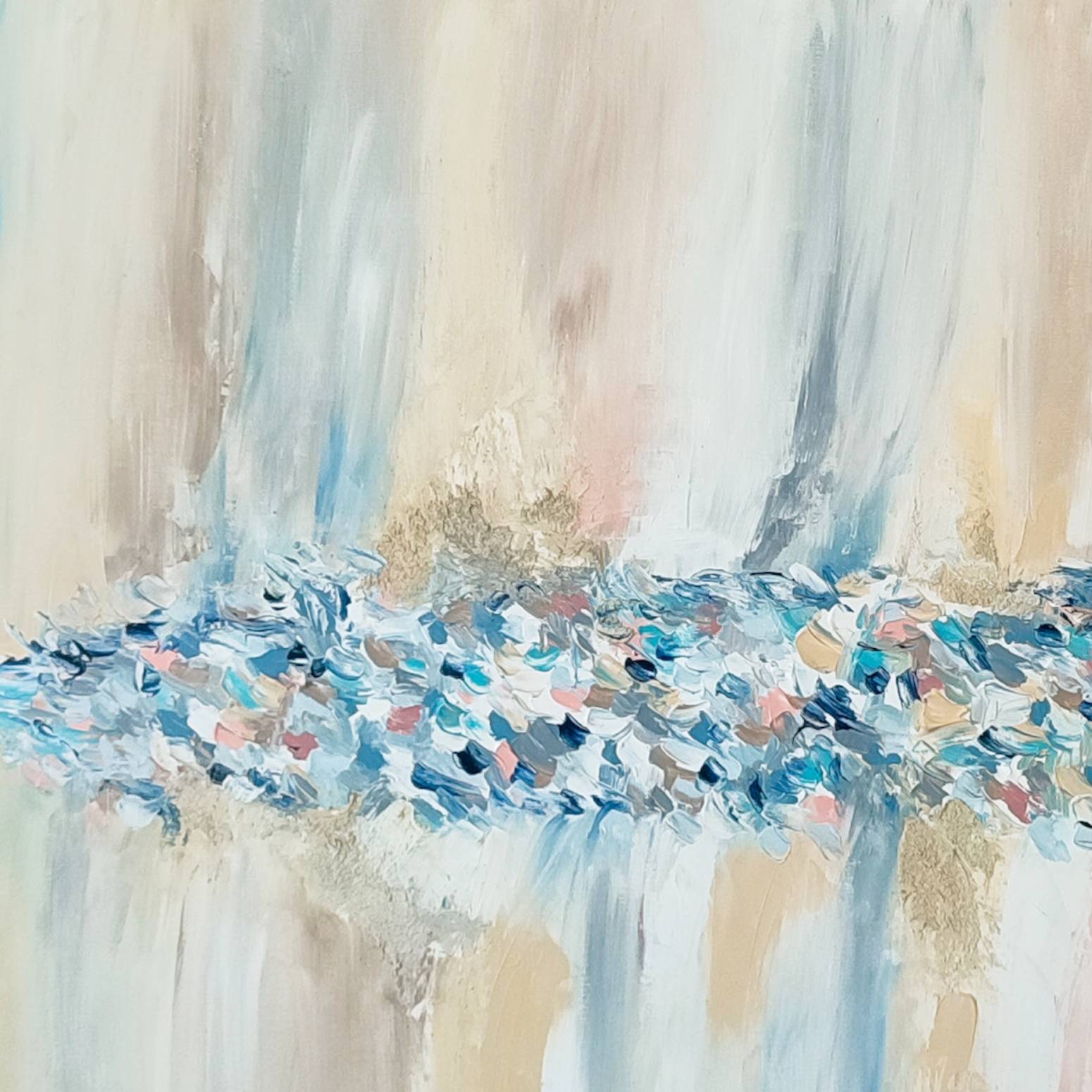 Minimalist textured abstract painting with beige and blue tones by French artist Âme Sauvage