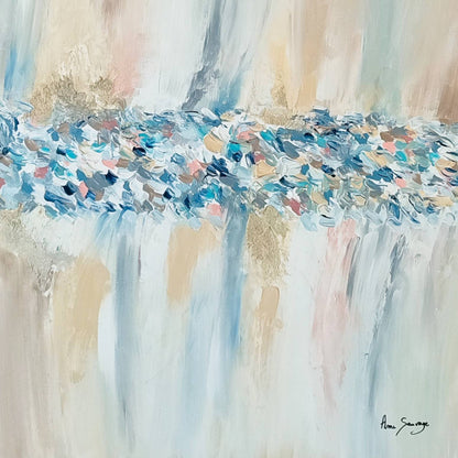 Minimalist textured abstract painting with beige and blue tones by French artist Âme Sauvage