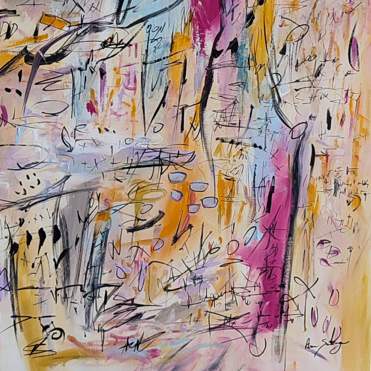 Calculs savants – Large beige, yellow and pink abstract painting
