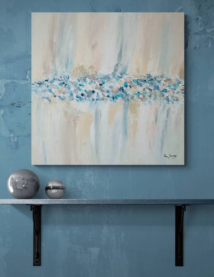 Minimalist textured abstract painting with beige and blue tones by French artist Âme Sauvage