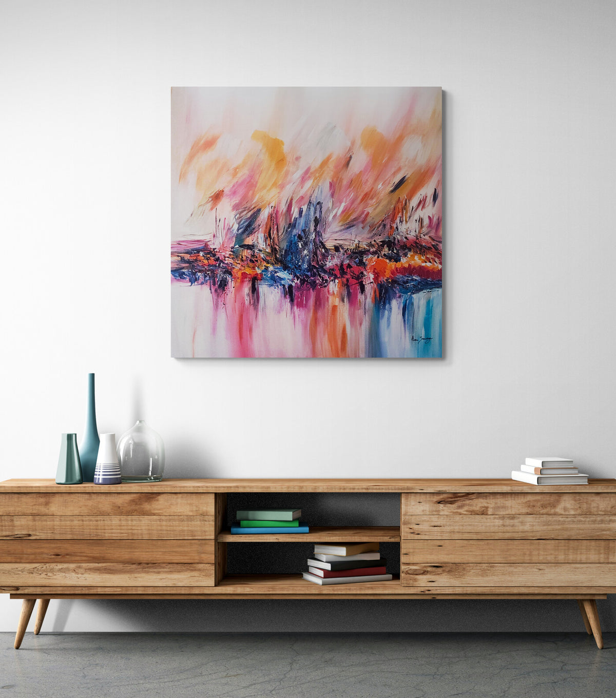 Feu sur la glace warm red orange and blue abstract painting by French artist Âme Sauvage