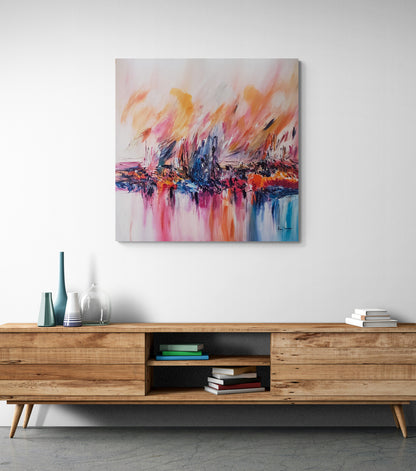 Feu sur la glace warm red orange and blue abstract painting by French artist Âme Sauvage