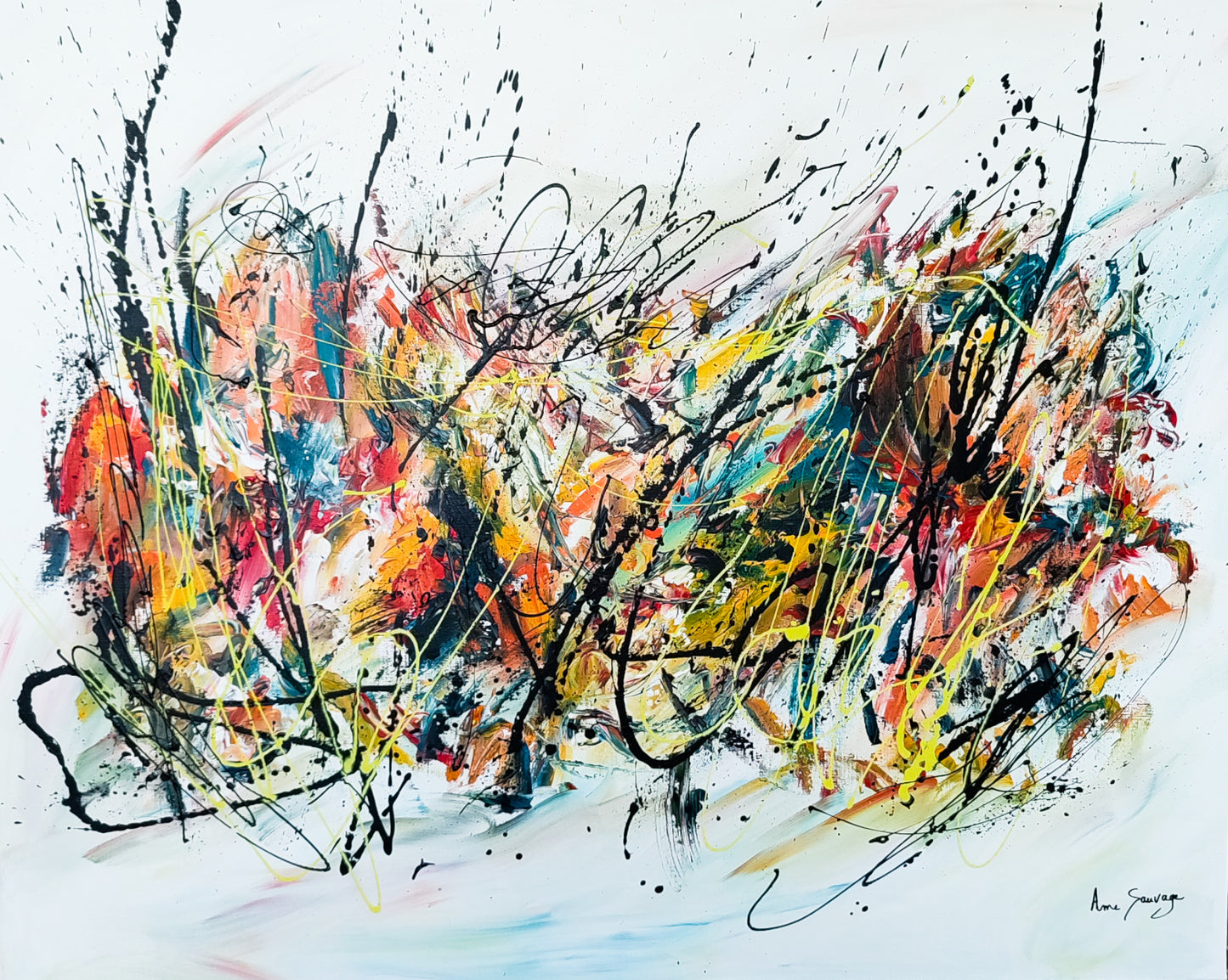 Une nouvelle histoire – Large colourful original abstract painting on canvas by French artist Âme Sauvage