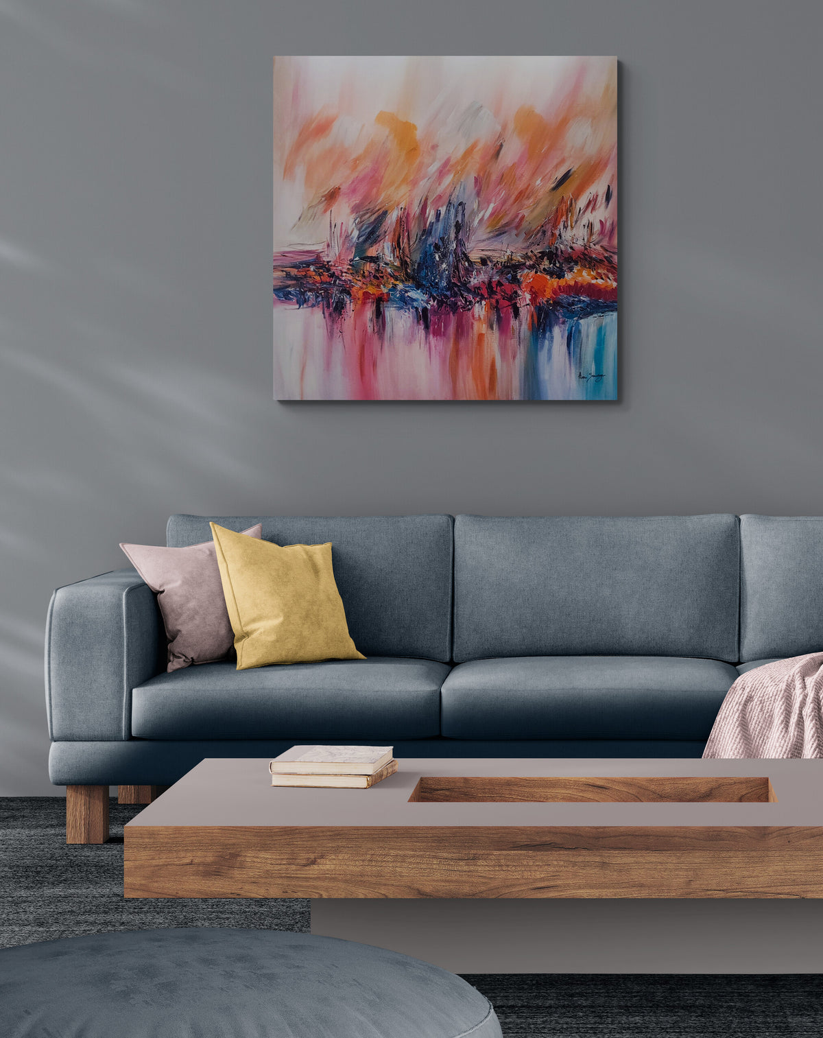 Feu sur la glace warm red orange and blue abstract painting by French artist Âme Sauvage