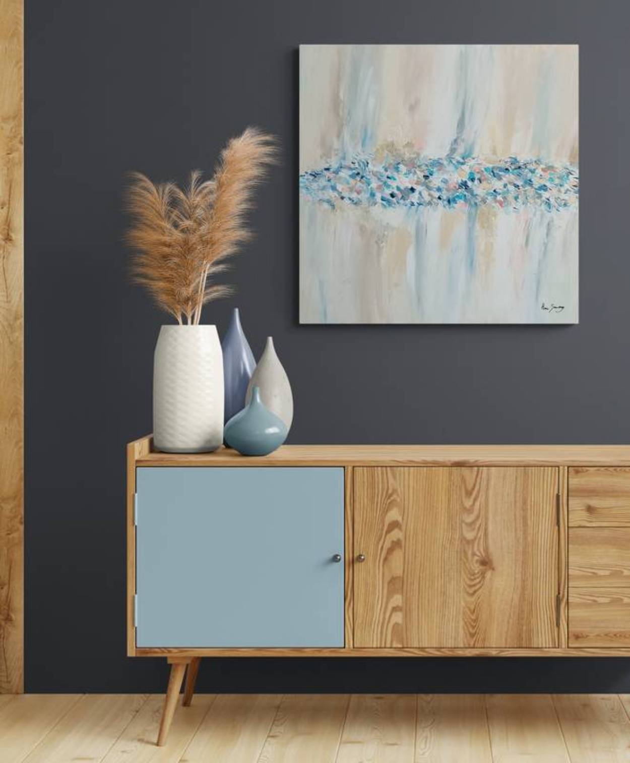 Minimalist textured abstract painting with beige and blue tones by French artist Âme Sauvage