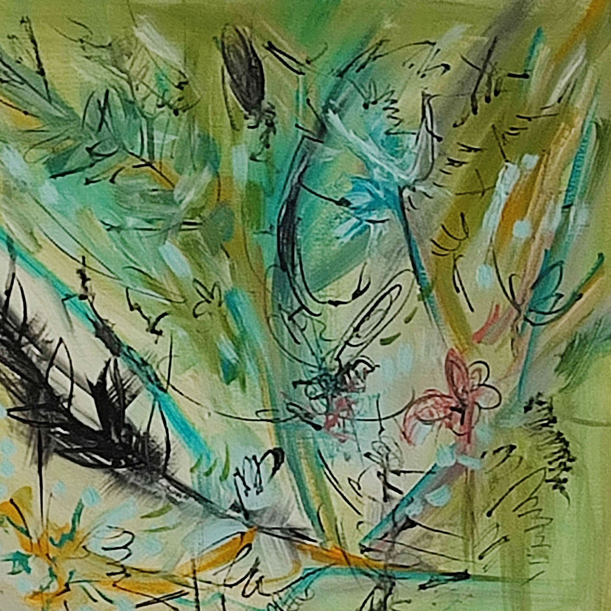 Detail of a modern green abstract painting with expressive colour