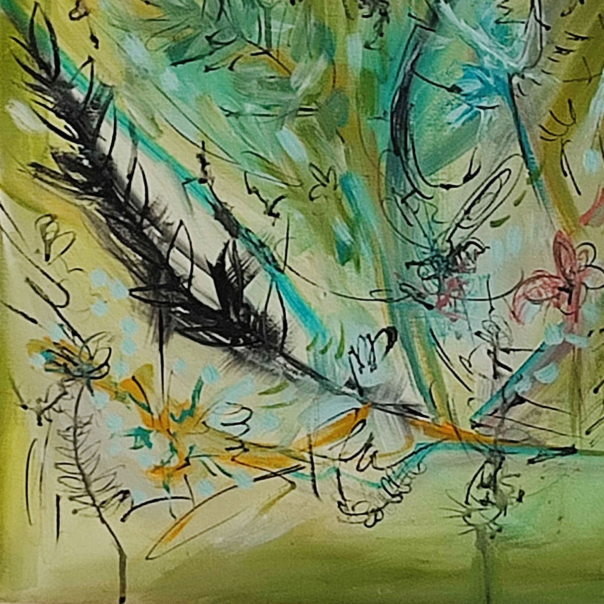 Detail of a modern green abstract painting with expressive colour
