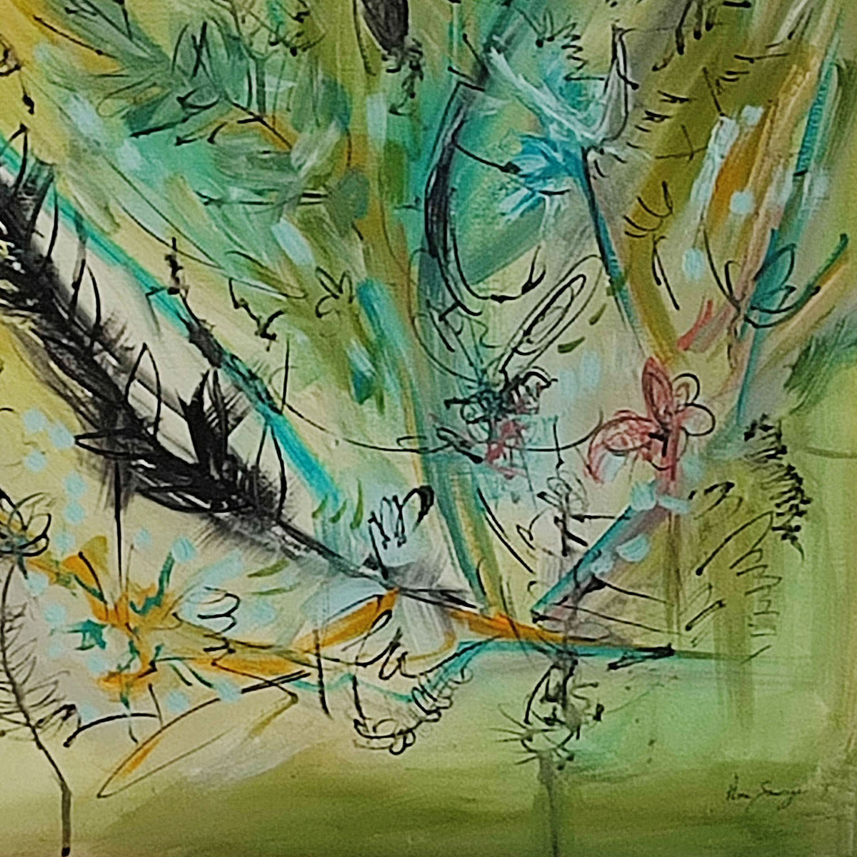 Detail of a modern green abstract painting with expressive colour