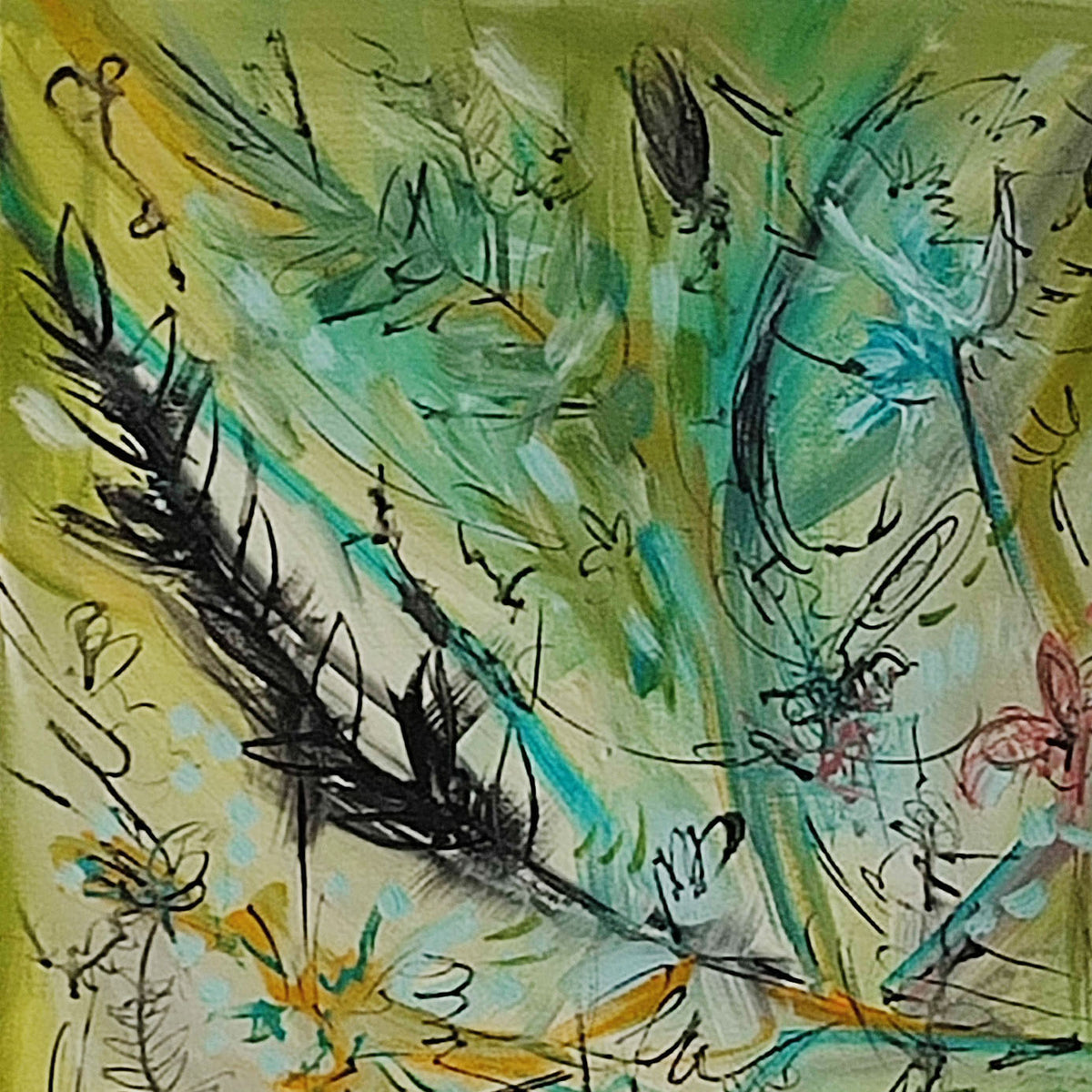 Detail of a modern green abstract painting with expressive colour