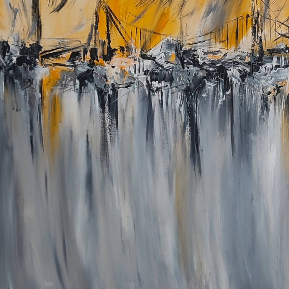 Le pont agité grey yellow and black abstract painting by French artist Âme Sauvage