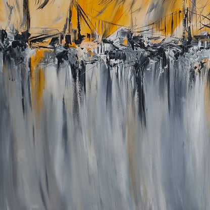 Le pont agité grey yellow and black abstract painting by French artist Âme Sauvage