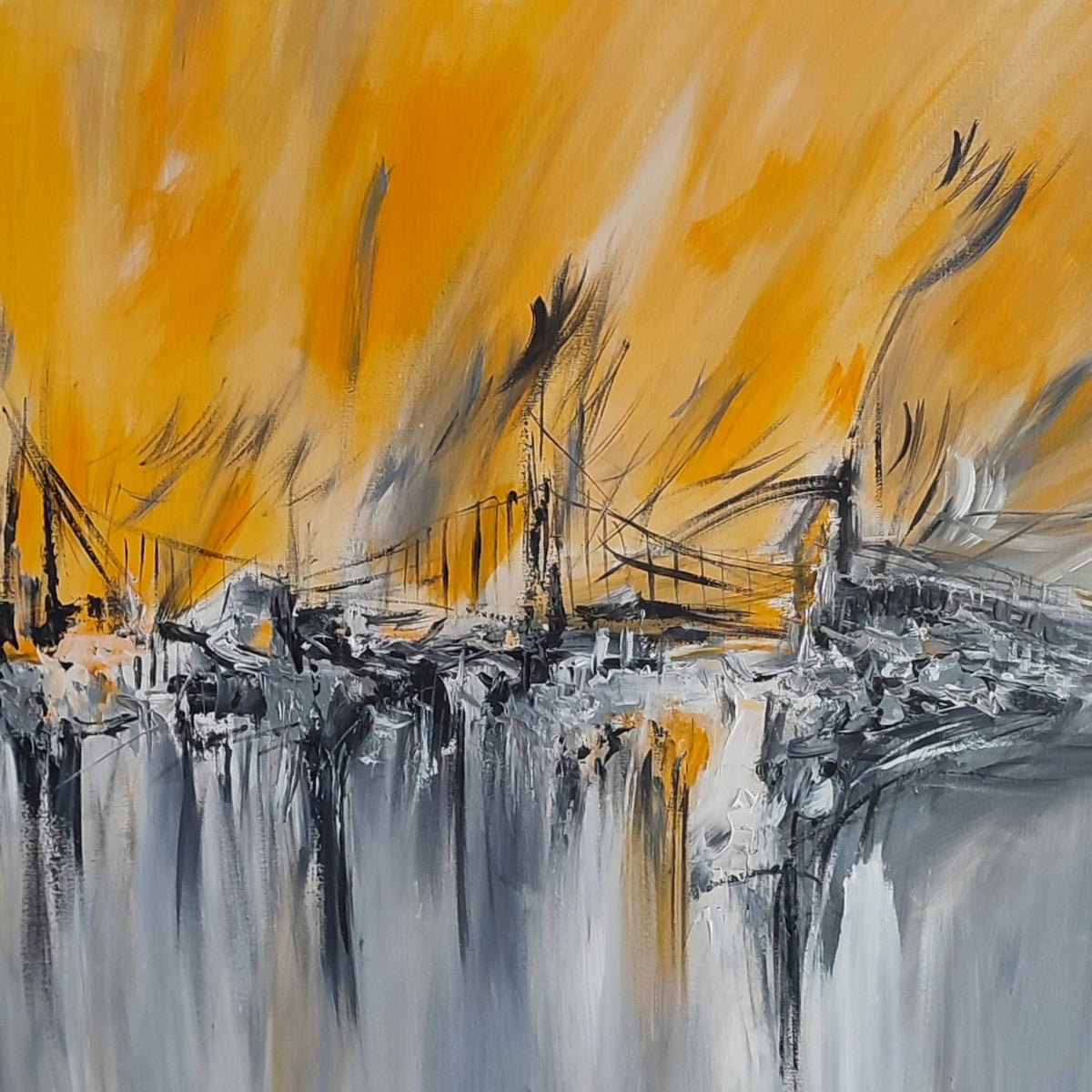 Le pont agité grey yellow and black abstract painting by French artist Âme Sauvage