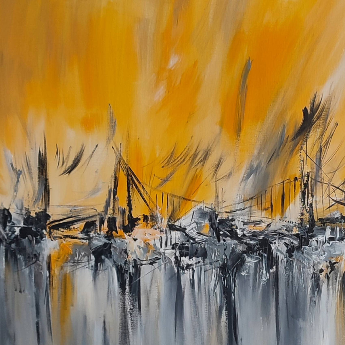 Le pont agité grey yellow and black abstract painting by French artist Âme Sauvage