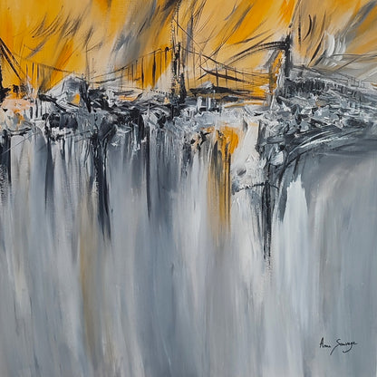 Le pont agité grey yellow and black abstract painting by French artist Âme Sauvage