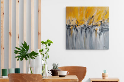 Le pont agité grey yellow and black abstract painting by French artist Âme Sauvage